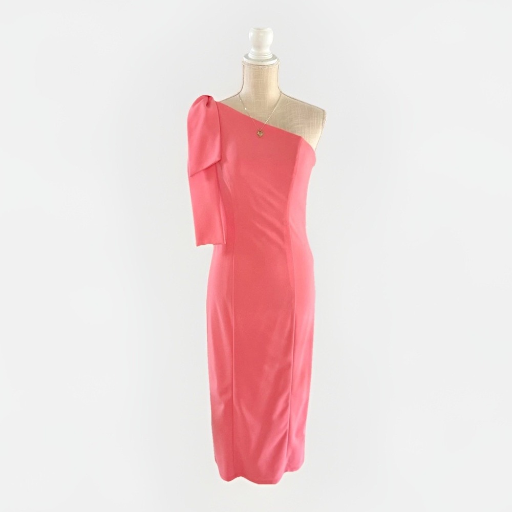 Marina Midi Crepe Dress One Shoulder Bow Accent In Coral Size XS - Picture 9 of 9